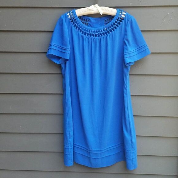 Gianni Bini Blue Cut Out Collar Short Sleeve Dress Size Large - Picture 1 of 9